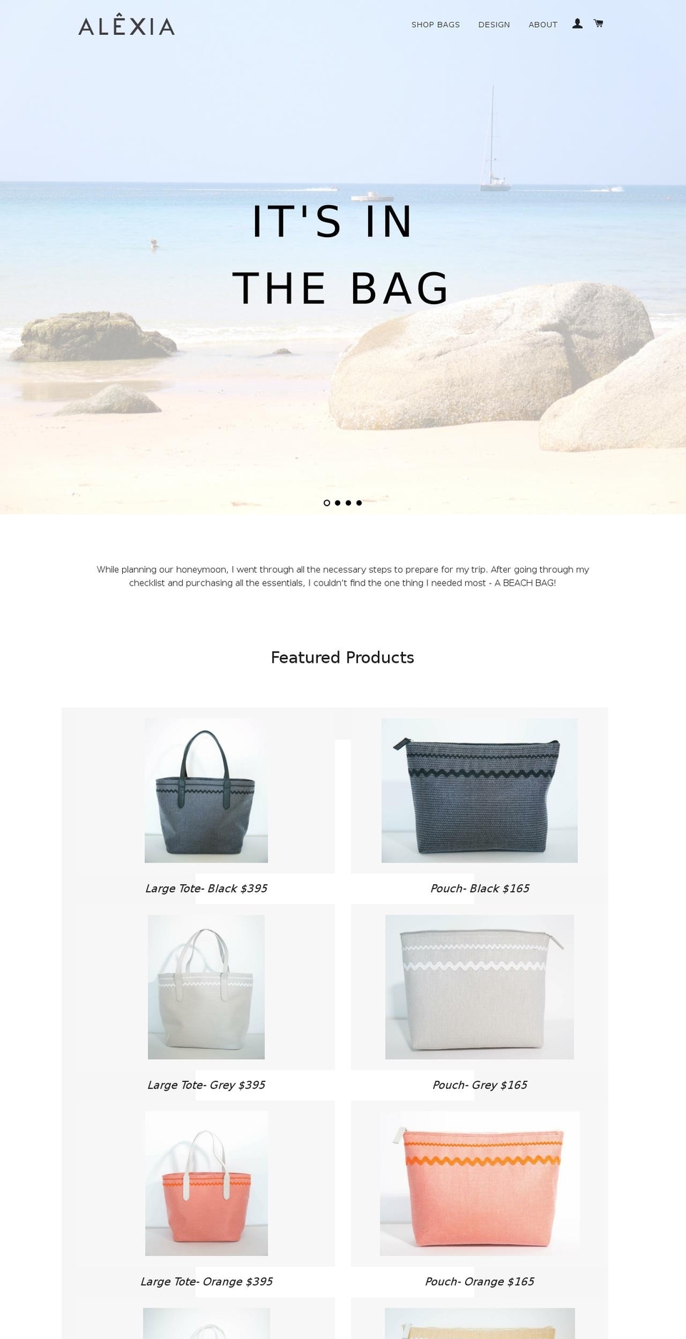 Cart theme Shopify theme site example alexiabeachbags.com