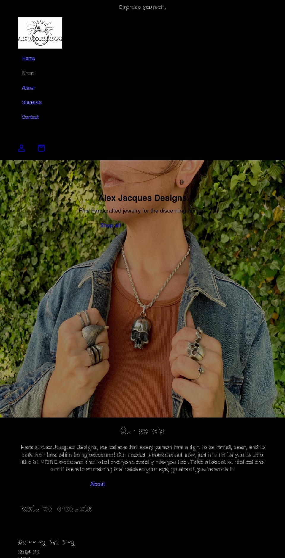 alexjacquesdesigns.com shopify website screenshot
