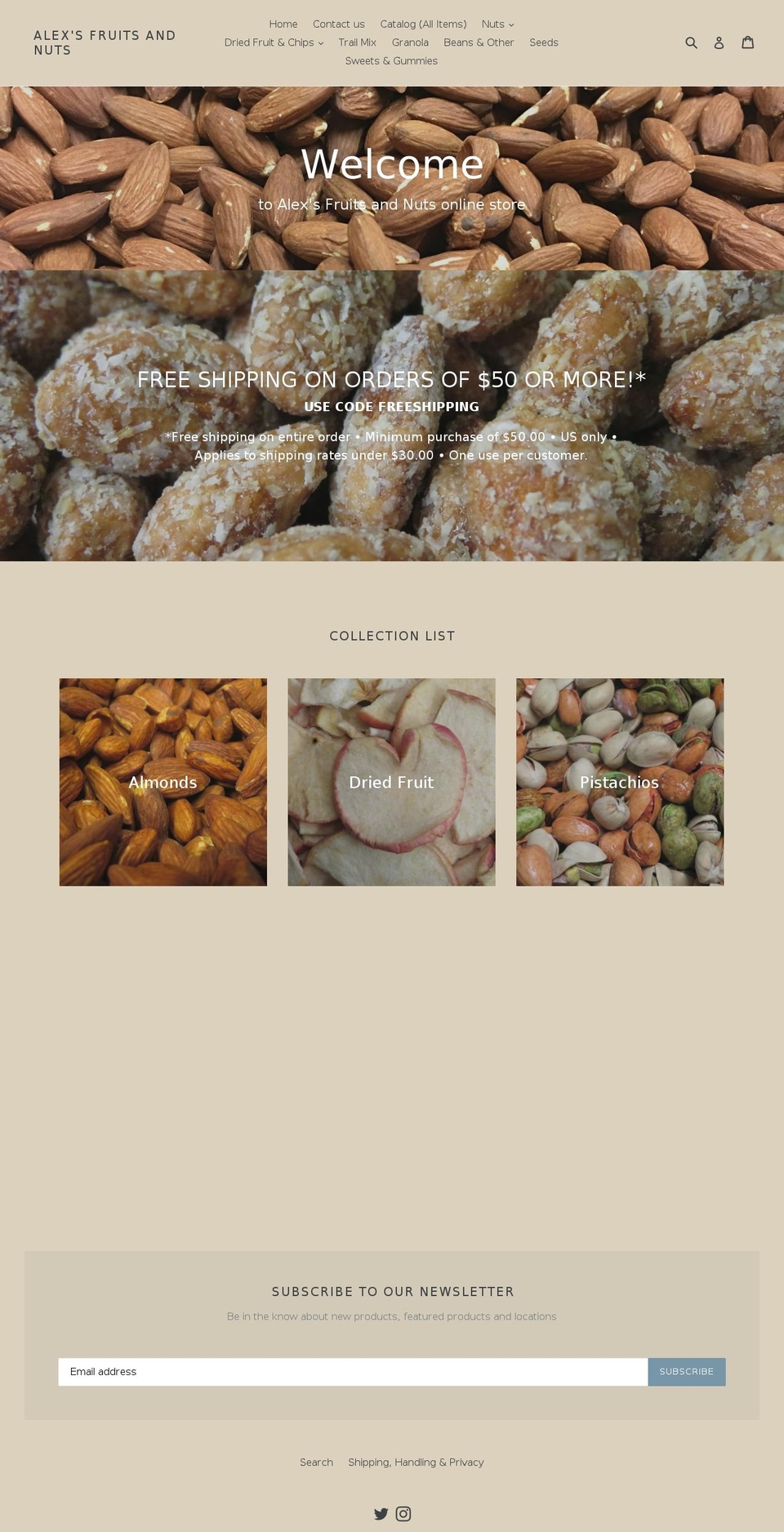 alexsfruitsandnuts.com — Shopify storefront screenshot