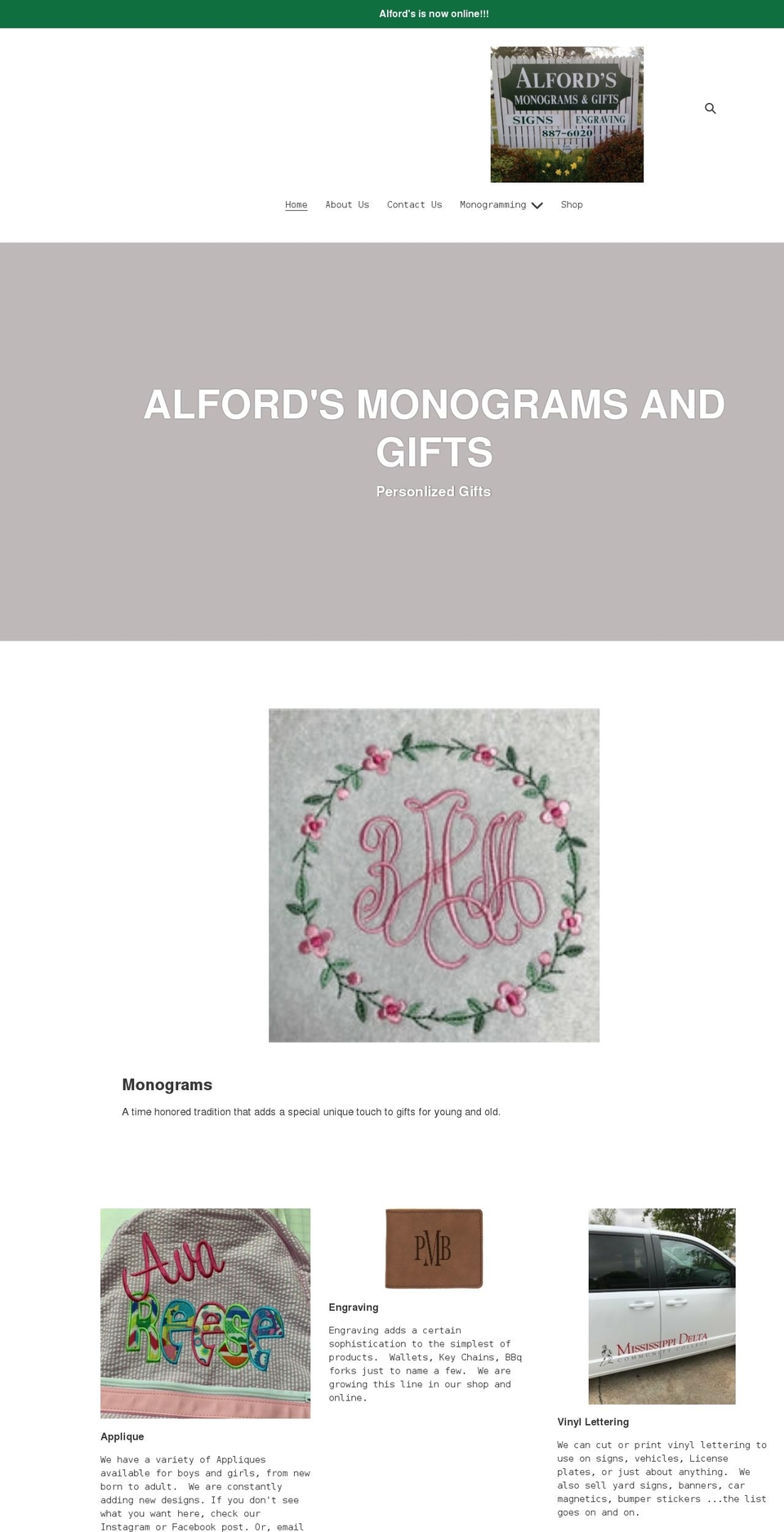 alfordsmonogramsandgifts.com shopify website screenshot