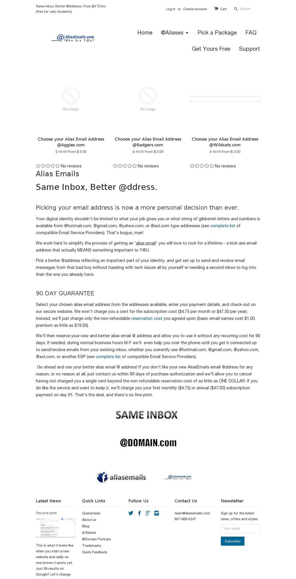 aliasemails.com shopify website screenshot