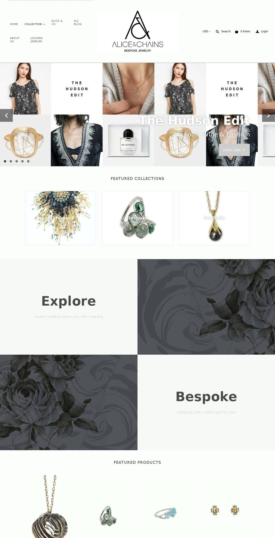 aliceandchainsjewelry.com shopify website screenshot