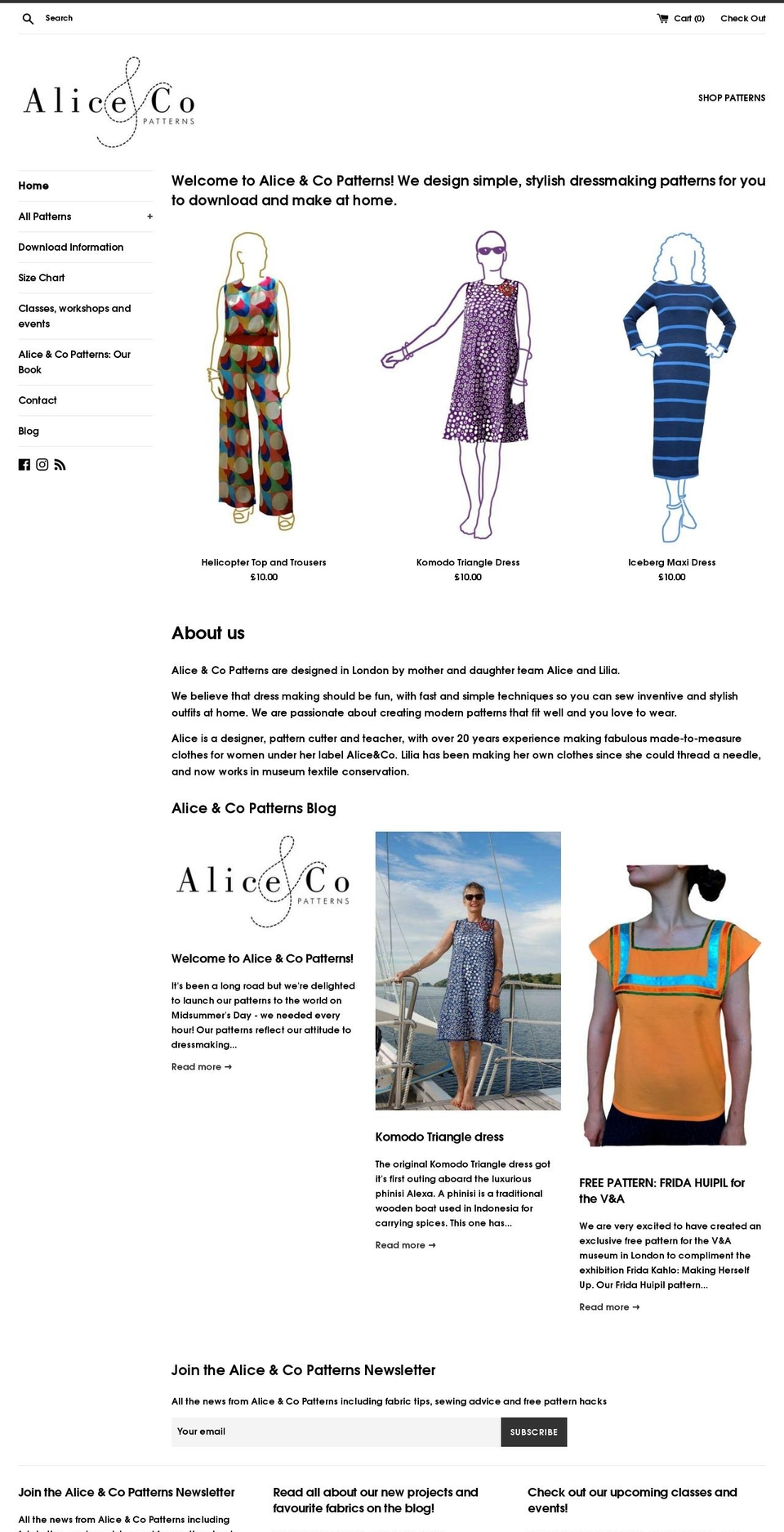 aliceandcopatterns.com shopify website screenshot