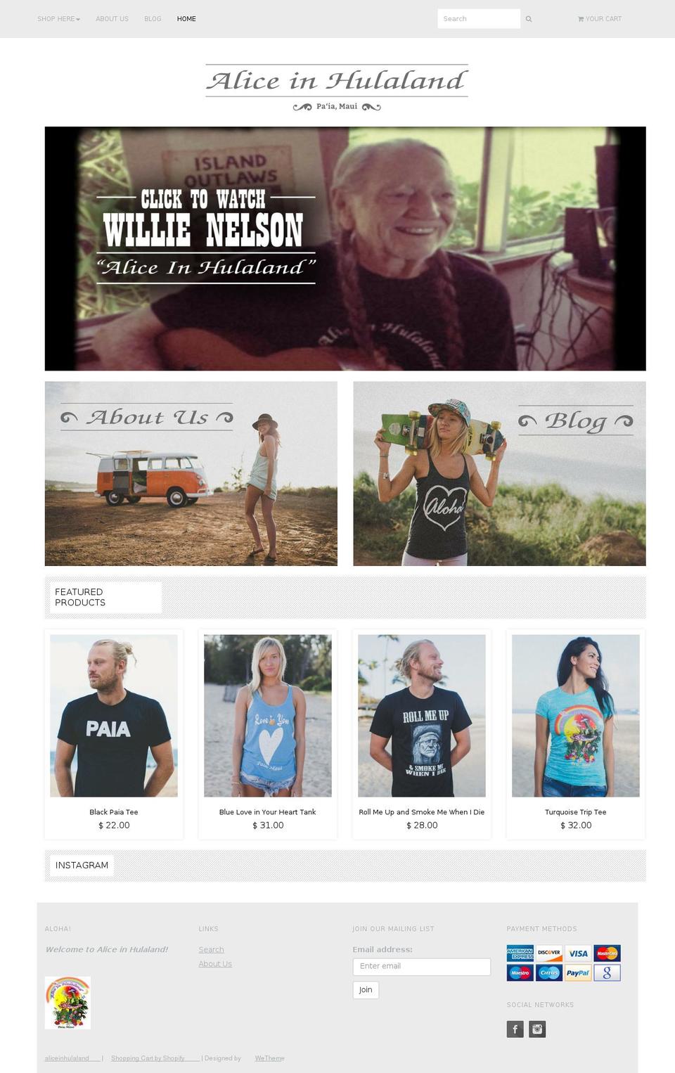 aliceinhulaland.com shopify website screenshot