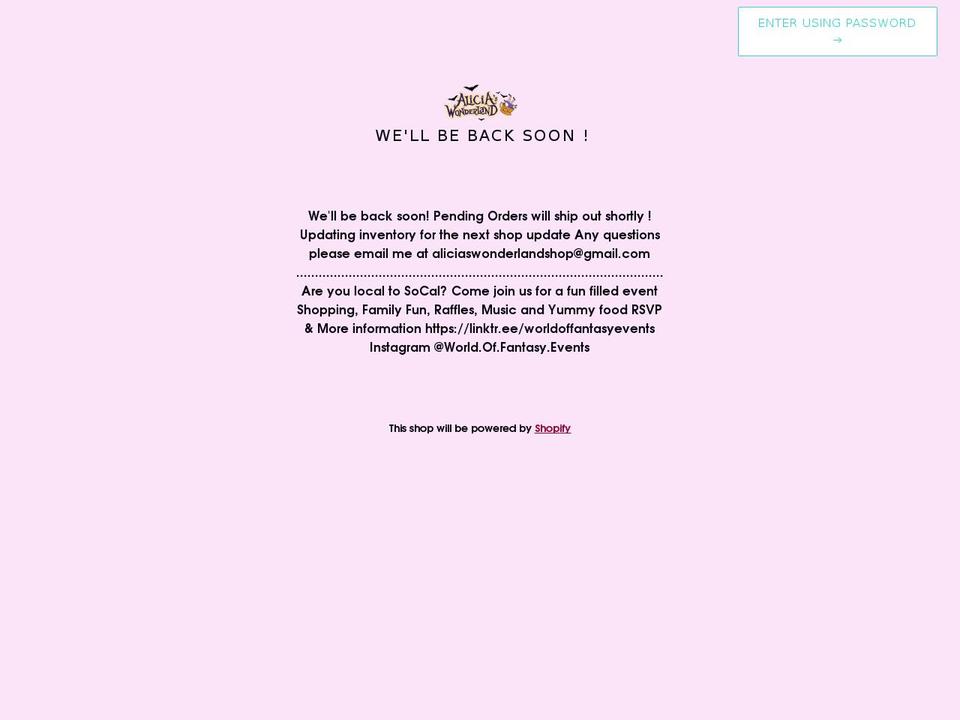 aliciaswonderlandshop.com — Shopify storefront screenshot