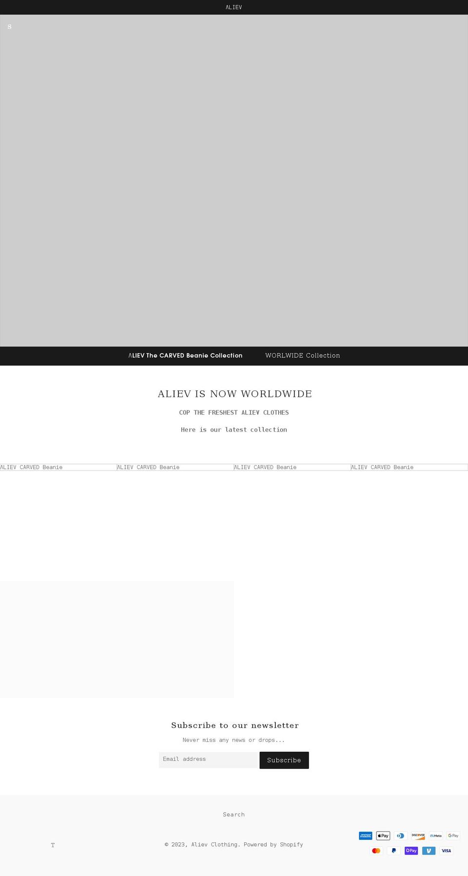 alievclothing.com shopify website screenshot