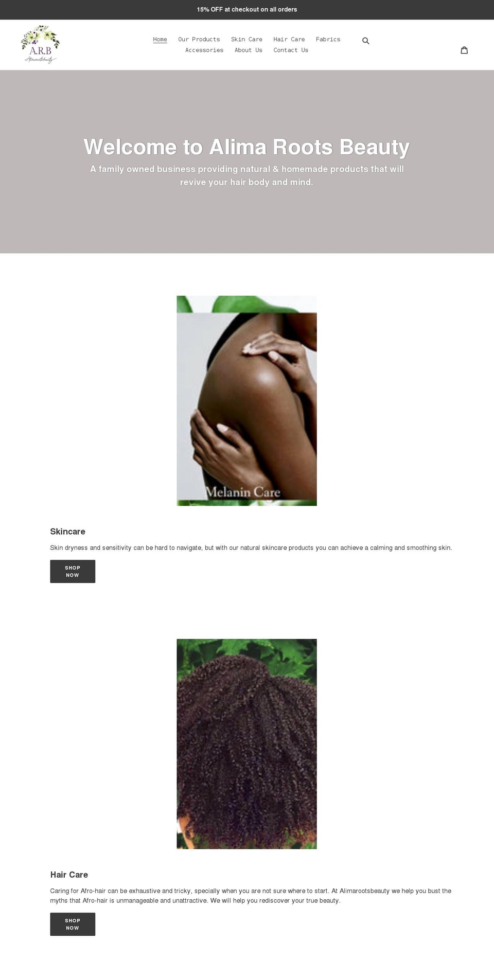 alimarootsbeauty.com shopify website screenshot