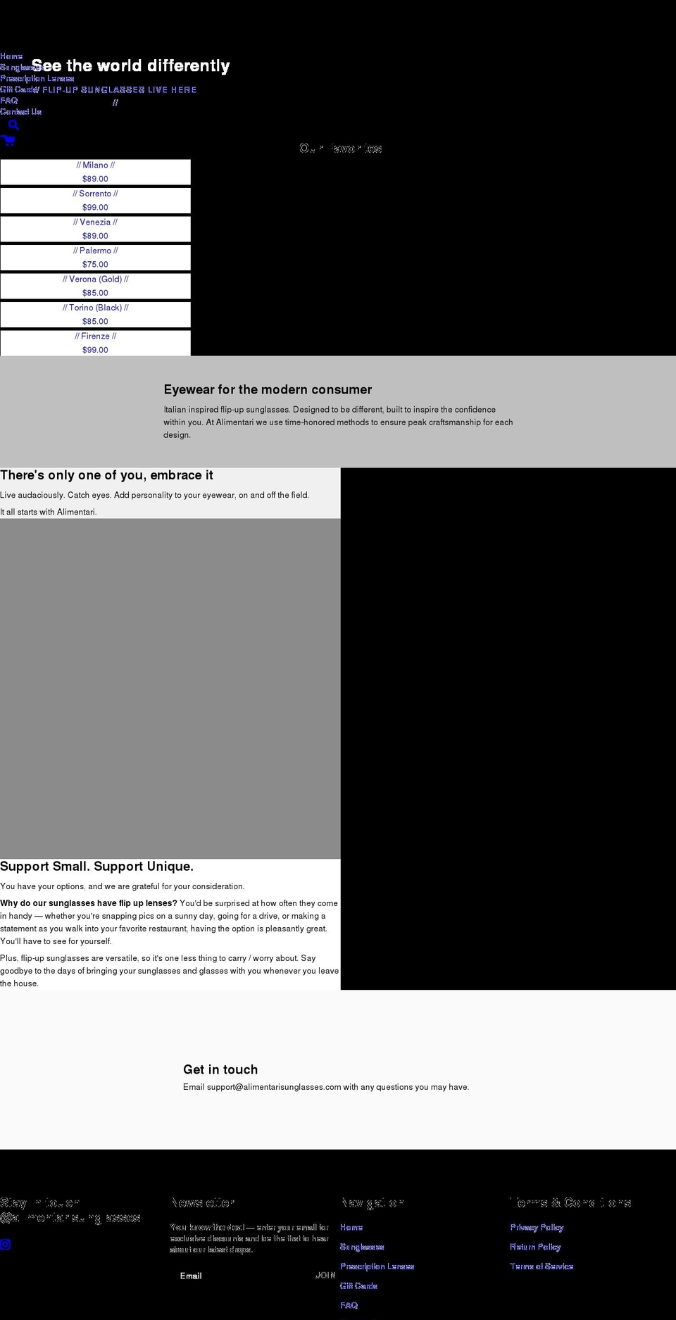 alimentarisunglasses.com shopify website screenshot
