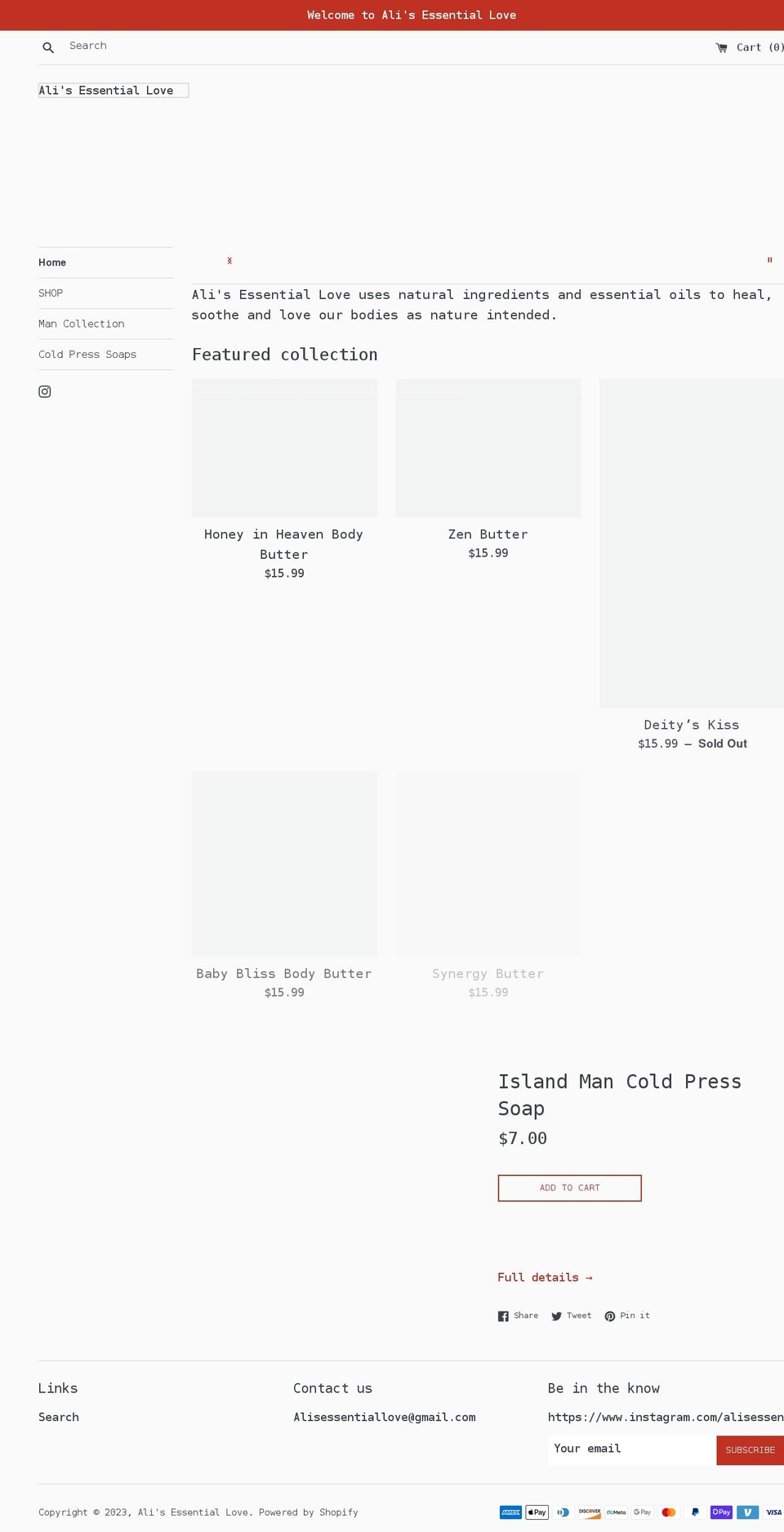 alisessentiallove.com shopify website screenshot