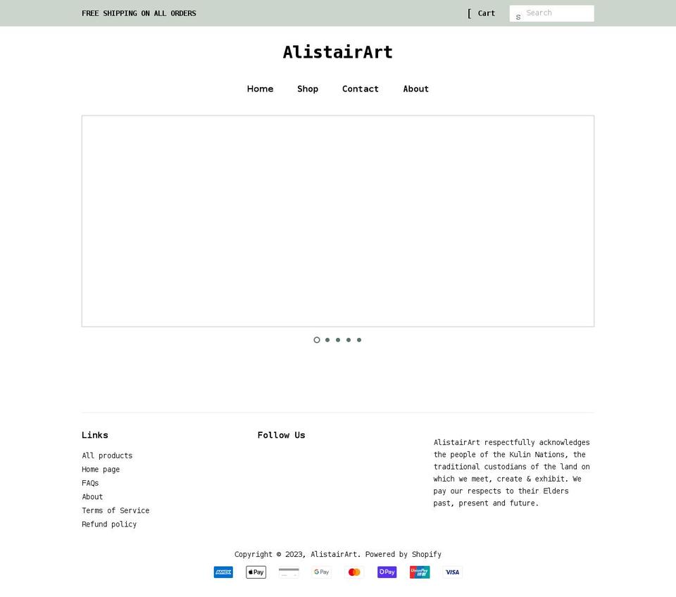 alistairart.com shopify website screenshot