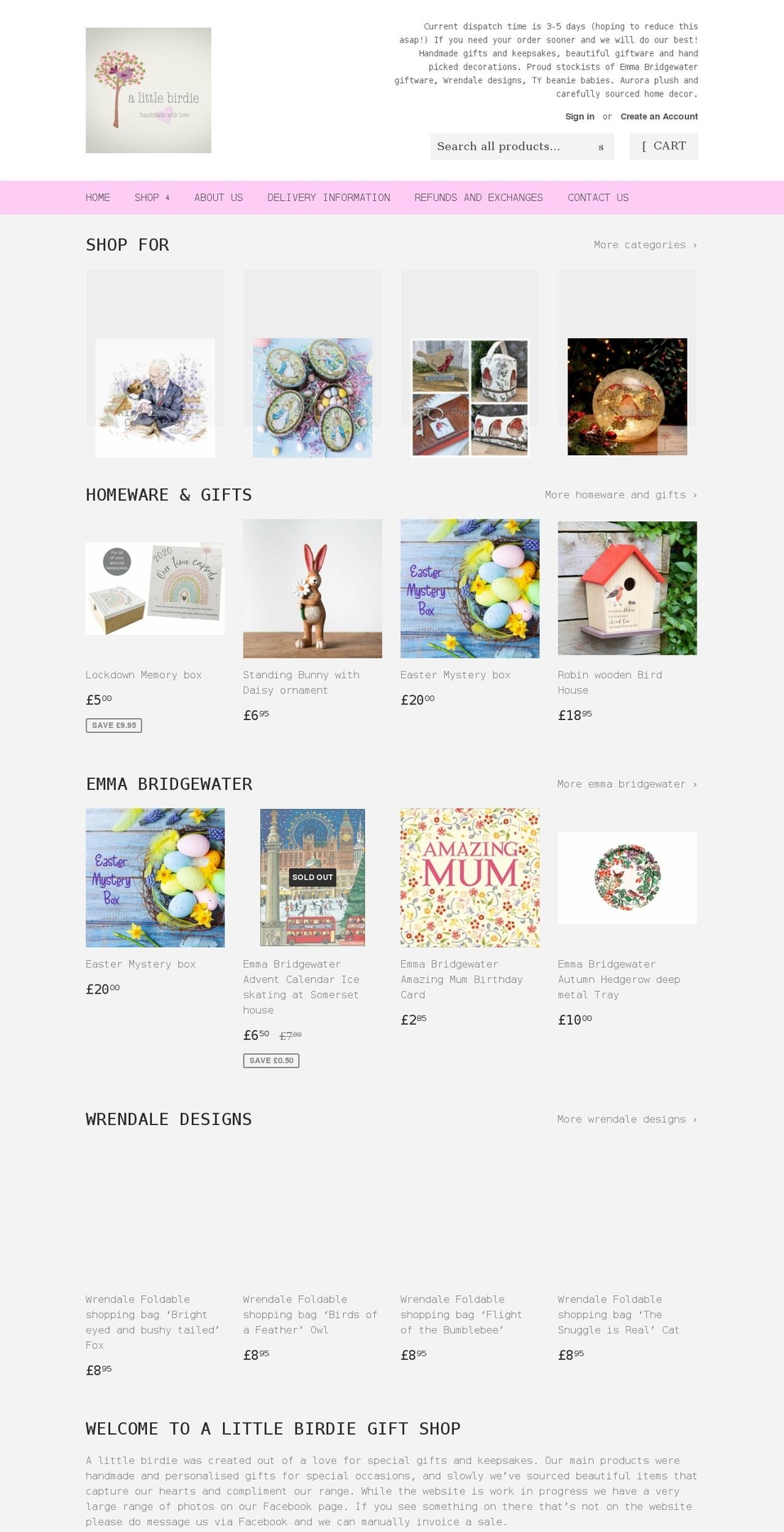 alittlebirdiegiftshop.co.uk shopify website screenshot