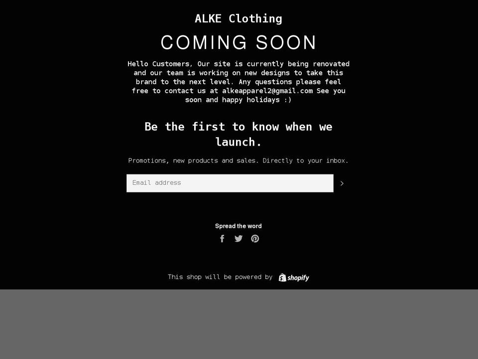 alkeclothing.com shopify website screenshot