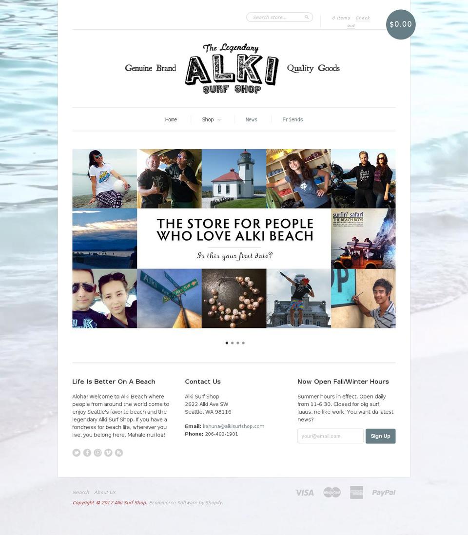 alkisurfshop.com shopify website screenshot