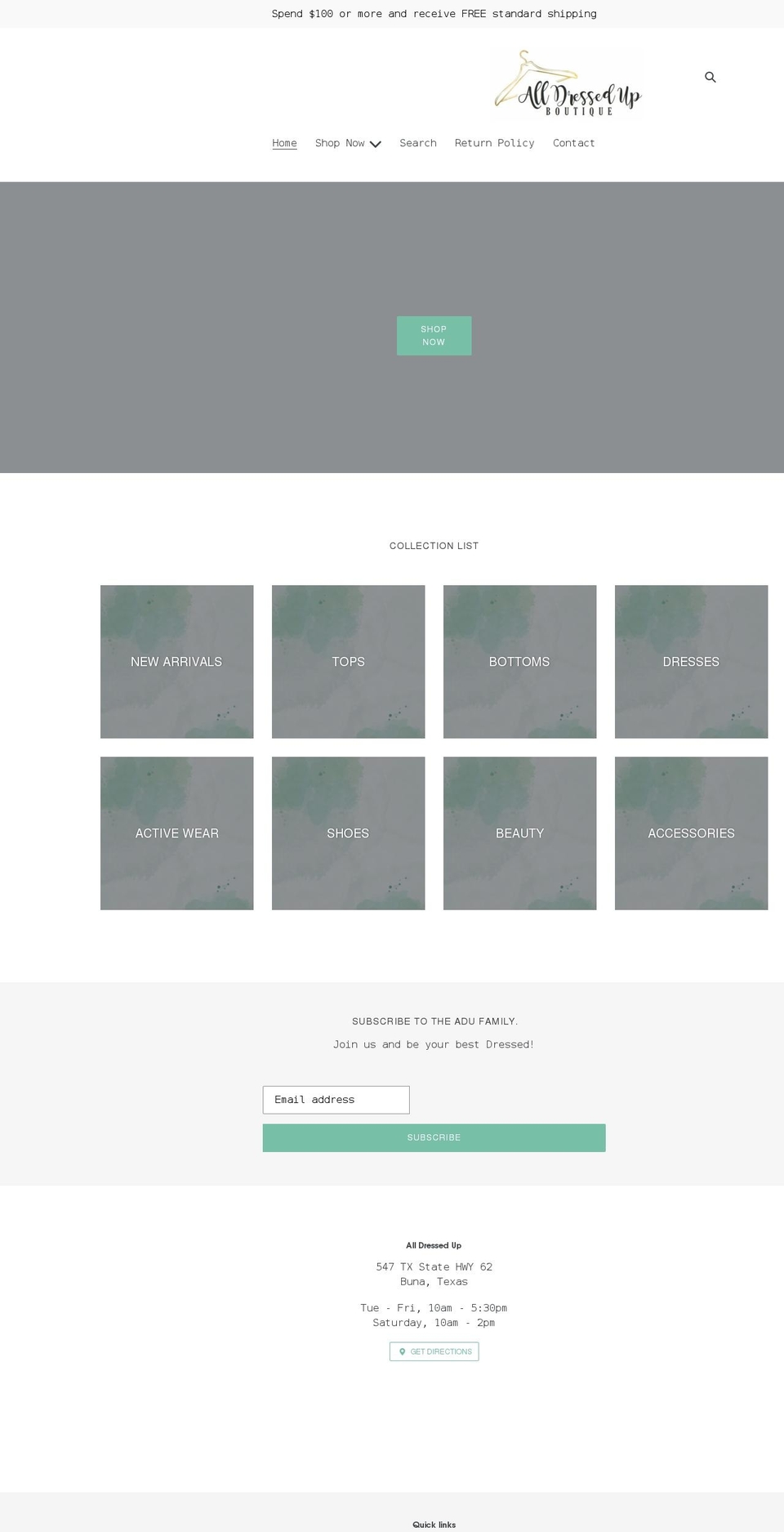 alldressedupboutiquetx.com shopify website screenshot