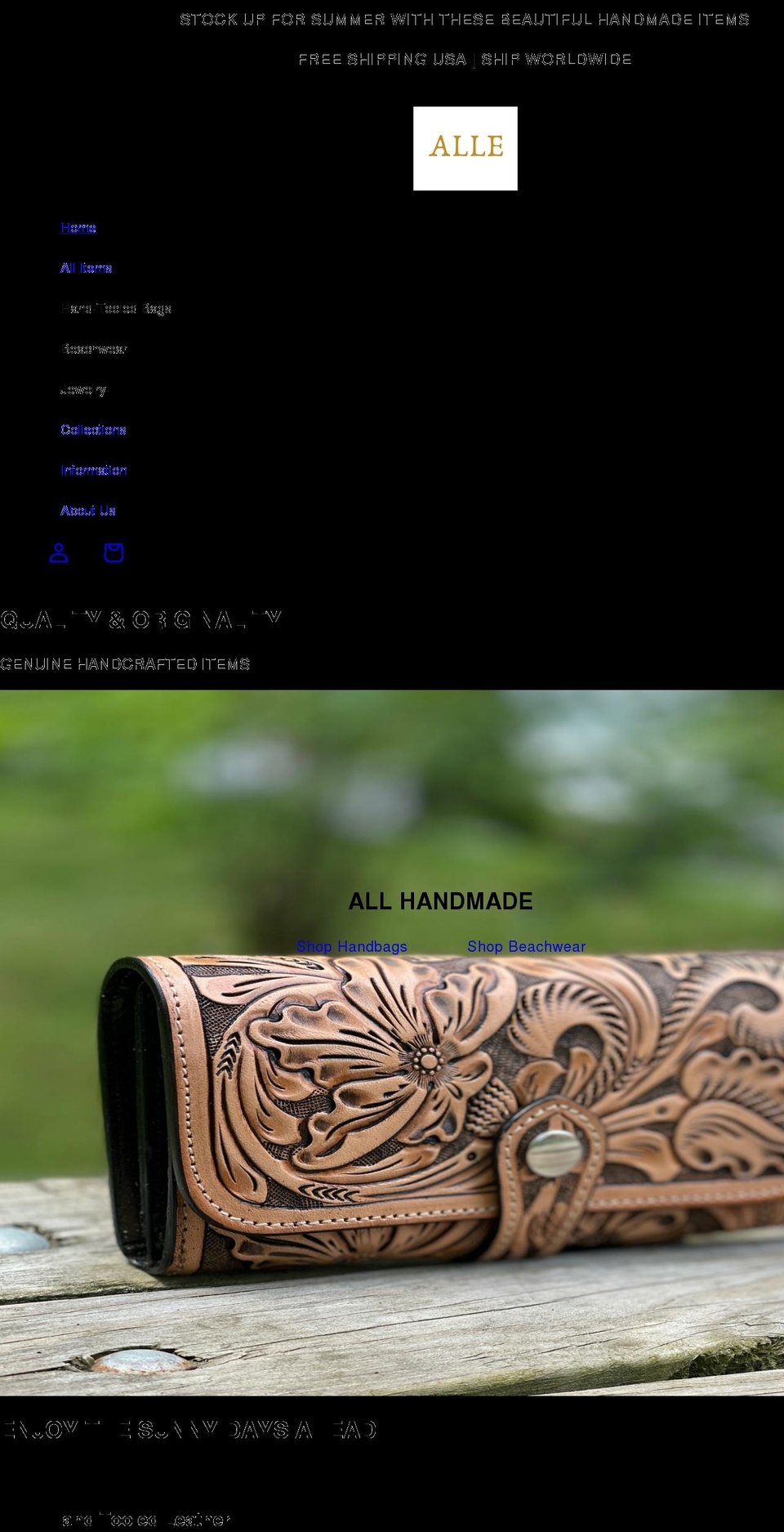 allehandbags.com shopify website screenshot
