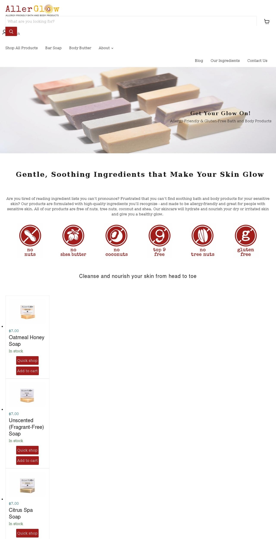 allerglow.com shopify website screenshot