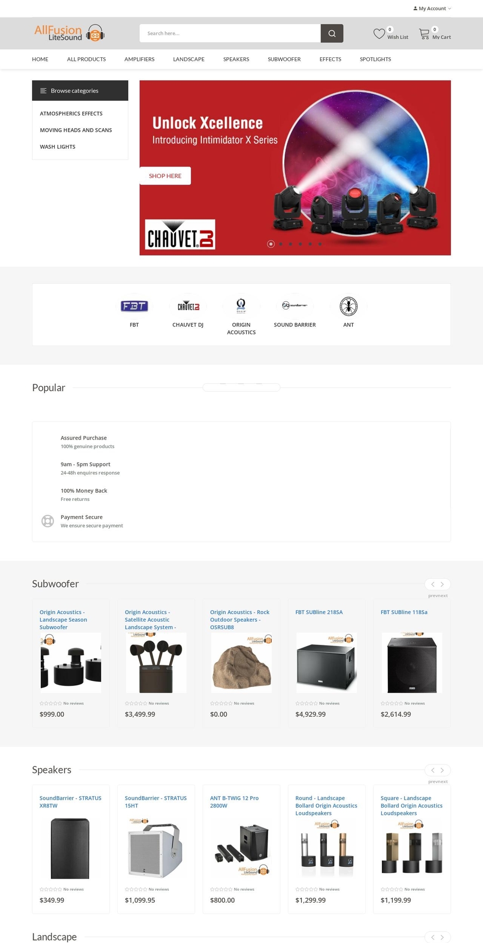 Fusion Shopify theme site example allfusionlitesound.com