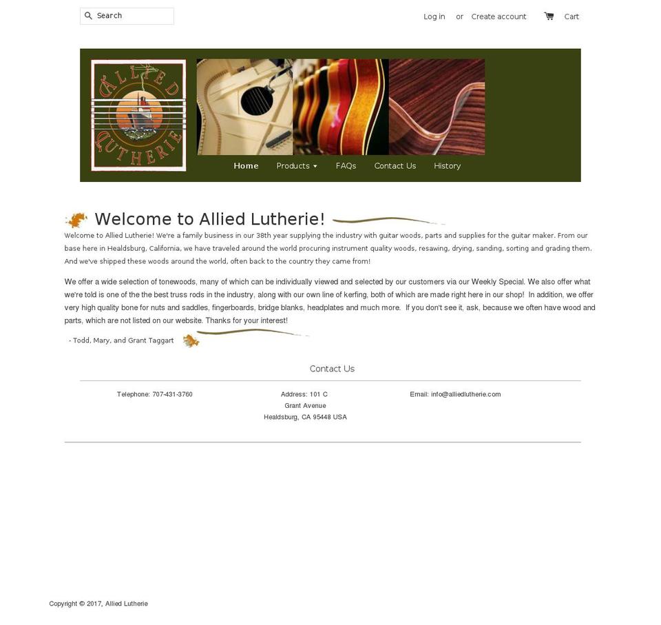 alliedlutherie.com shopify website screenshot