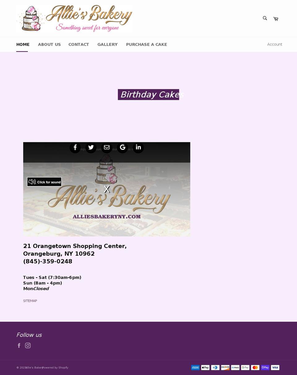 alliesbakeryny.com shopify website screenshot