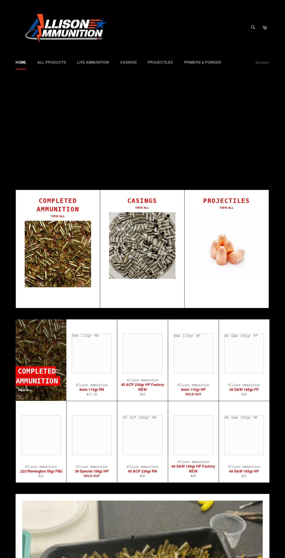 allisonammunition.com shopify website screenshot