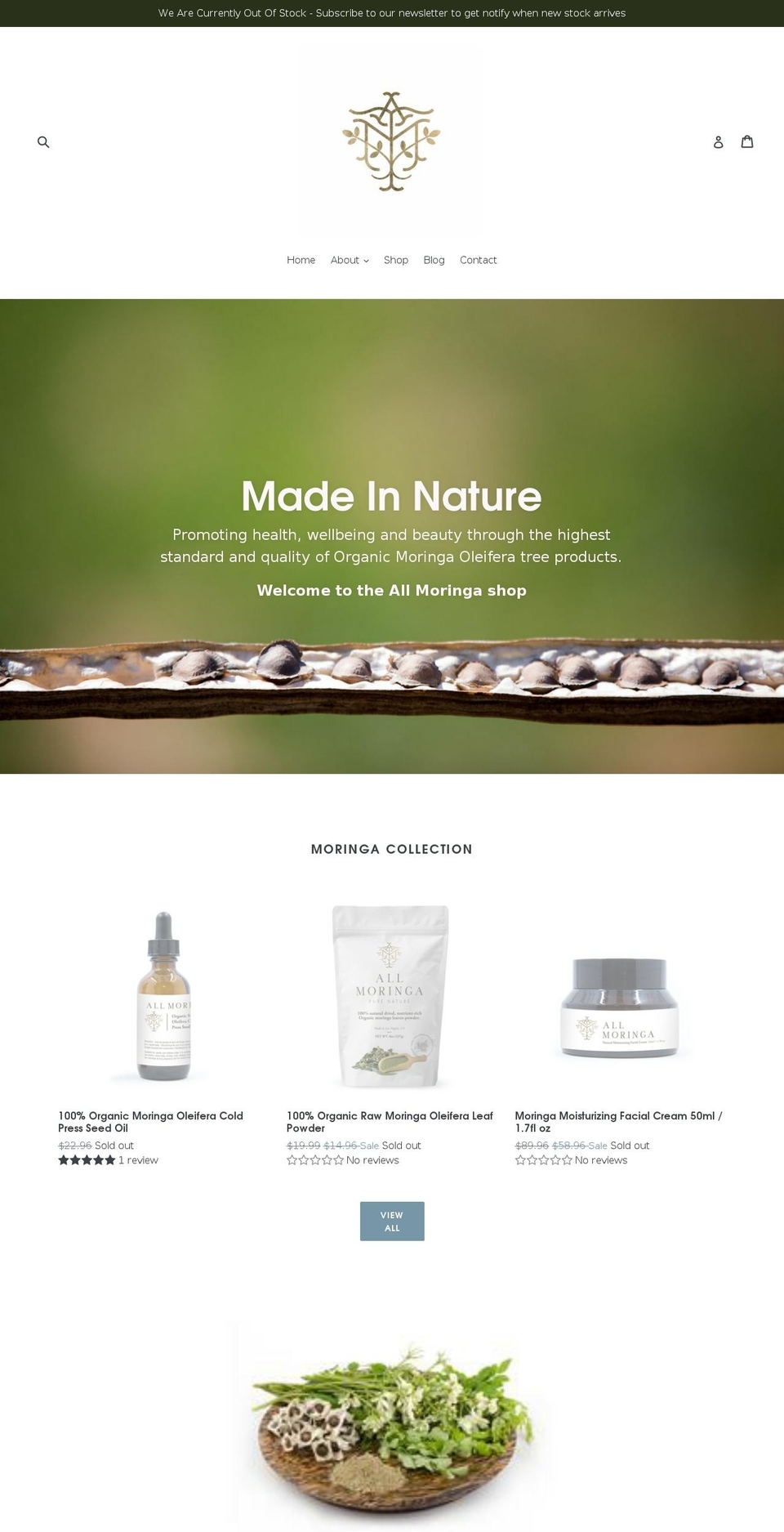 allmoringatree.com shopify website screenshot