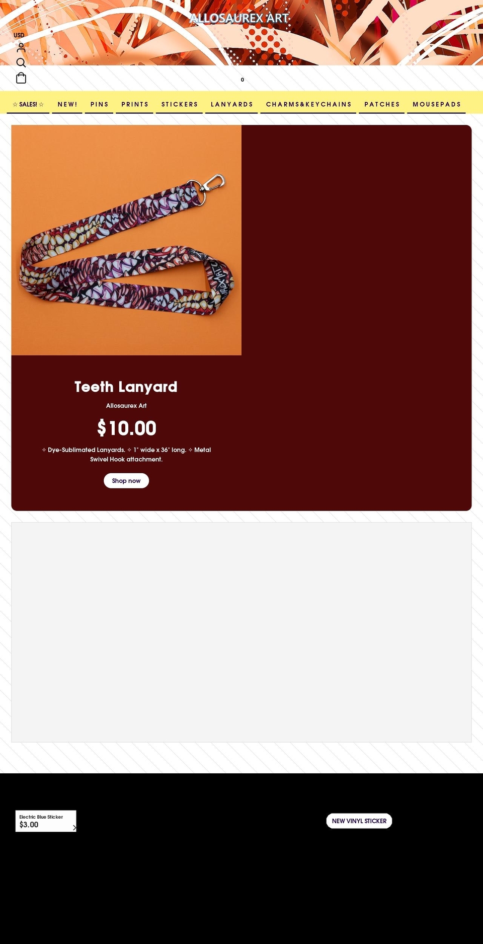 allosaurexart.ca shopify website screenshot