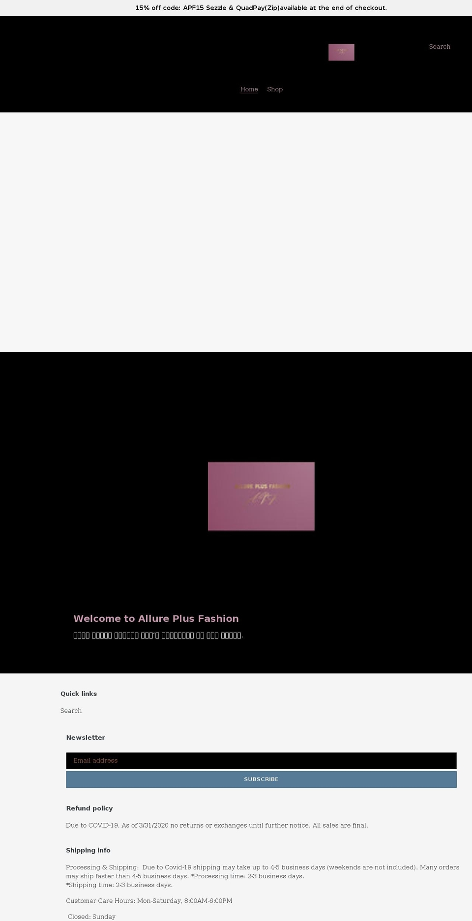 allureplusfashion.com shopify website screenshot