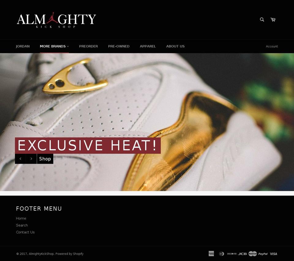 almightykickshop.com shopify website screenshot