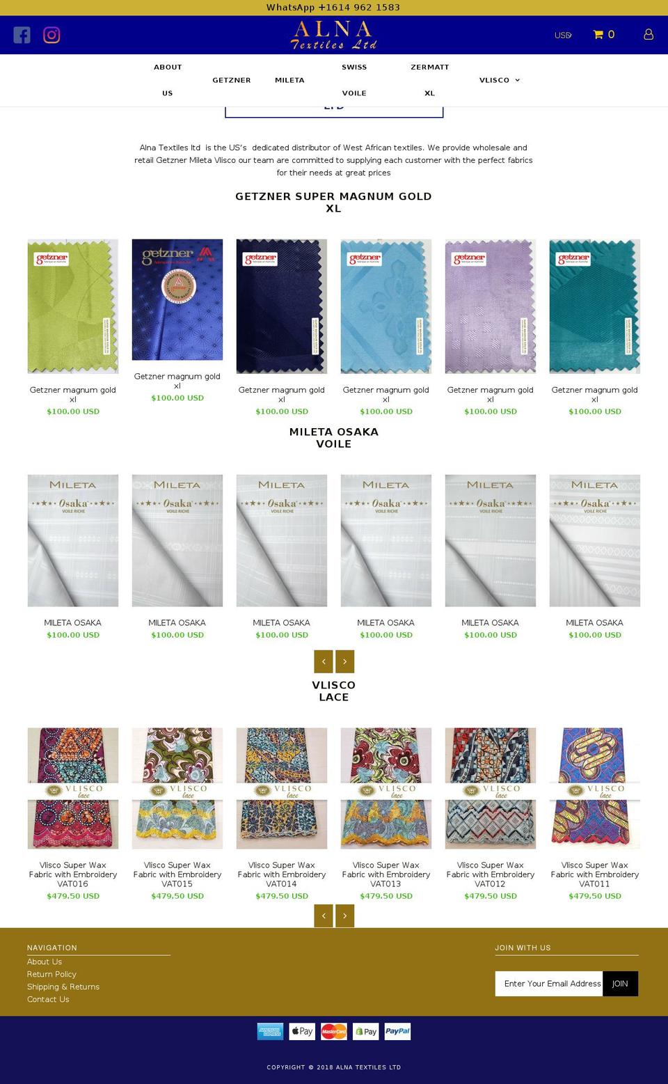 alna-textile.com — Shopify storefront screenshot