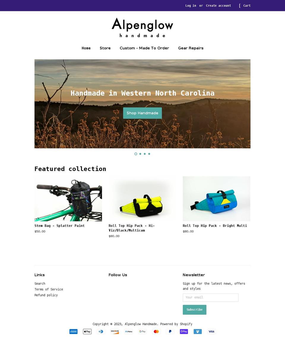 alpenglowhandmade.com shopify website screenshot