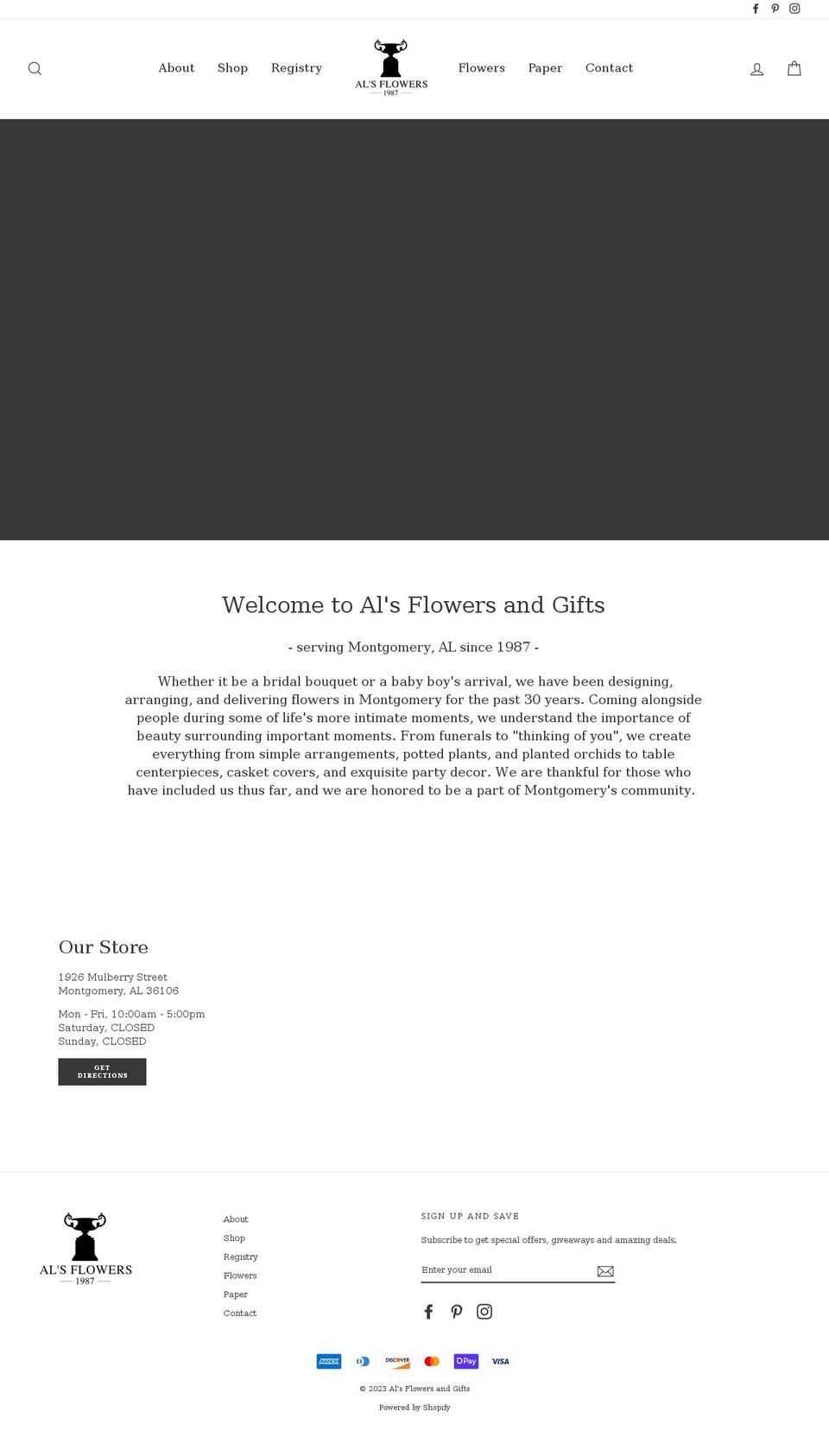 alsflowersmontgomery.com shopify website screenshot