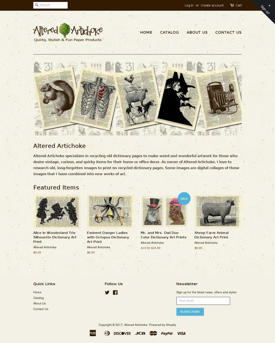 alteredartichoke.com shopify website screenshot
