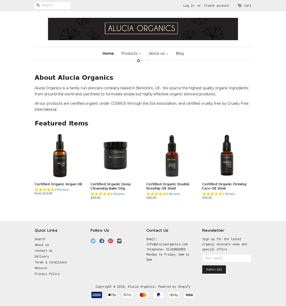 aluciaorganics.com shopify website screenshot