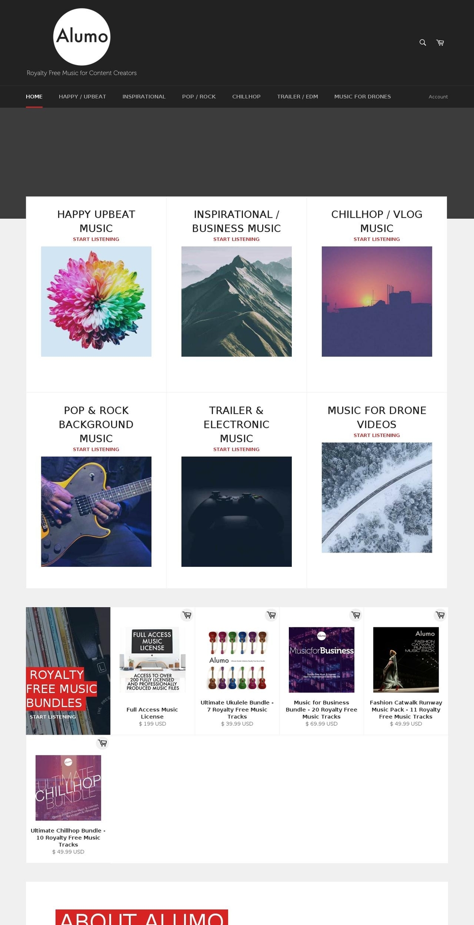 alumomusic.com shopify website screenshot