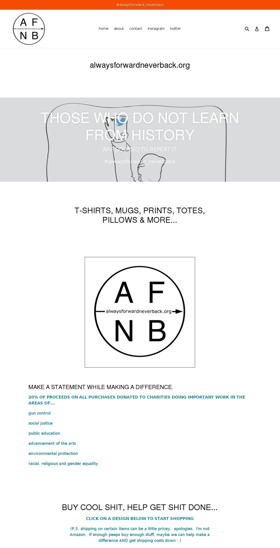 alwaysforwardneverback.org shopify website screenshot