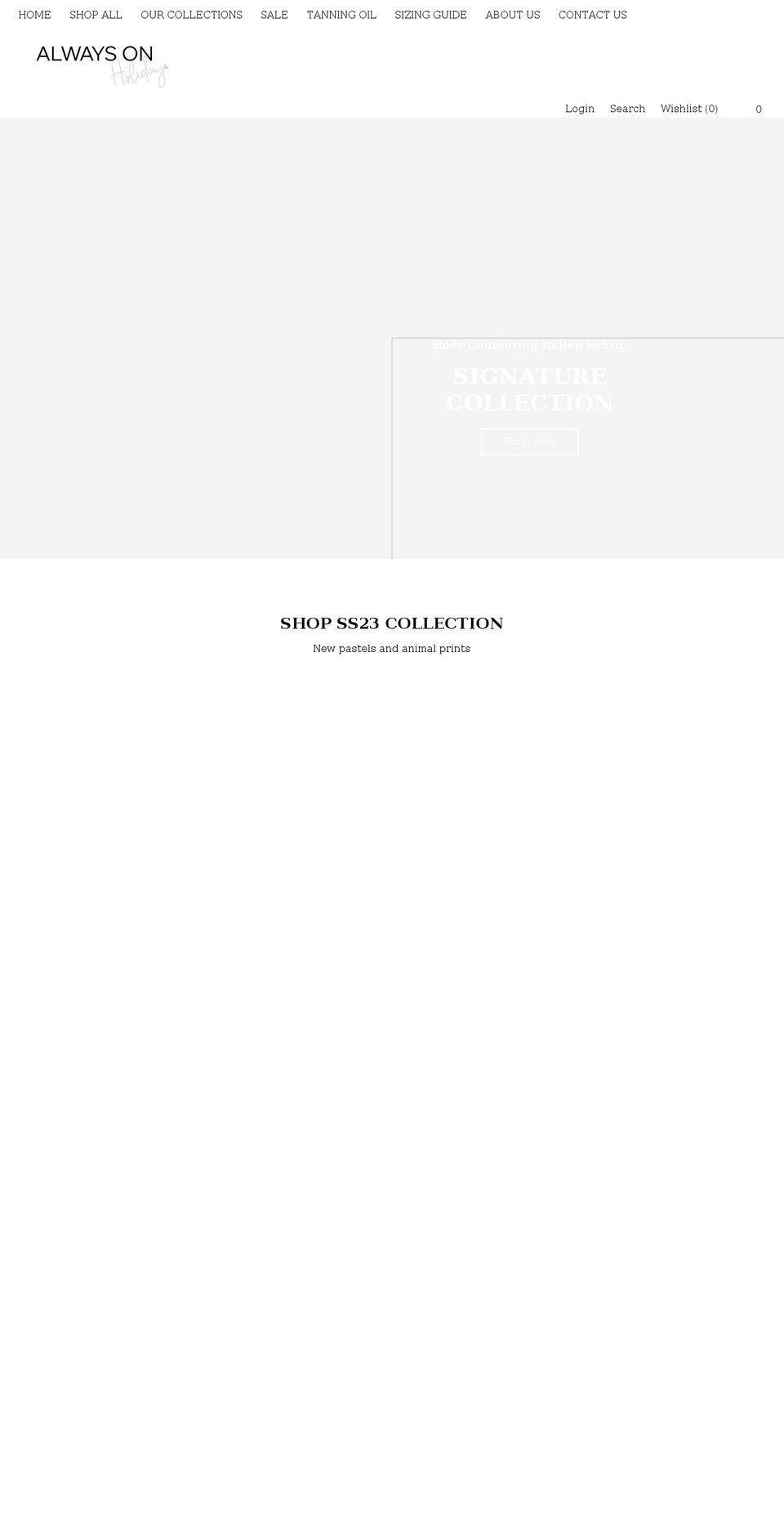 alwaysonholidayswim.com shopify website screenshot