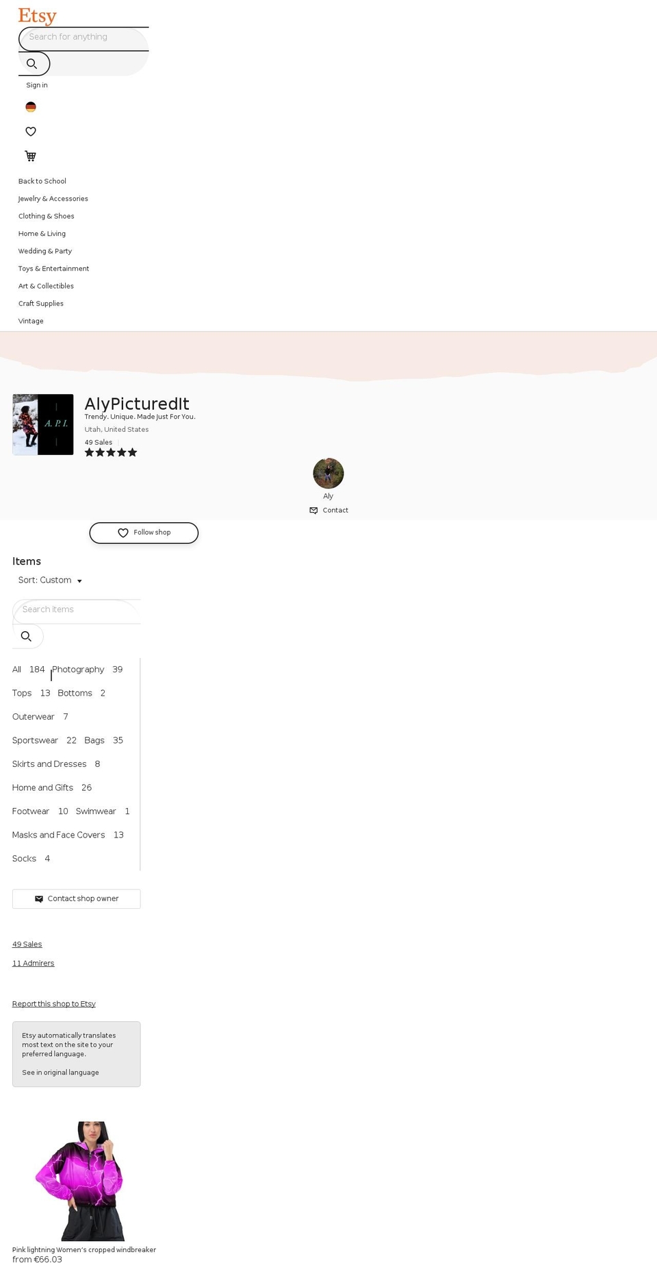 alypicturedit.com — Shopify storefront screenshot
