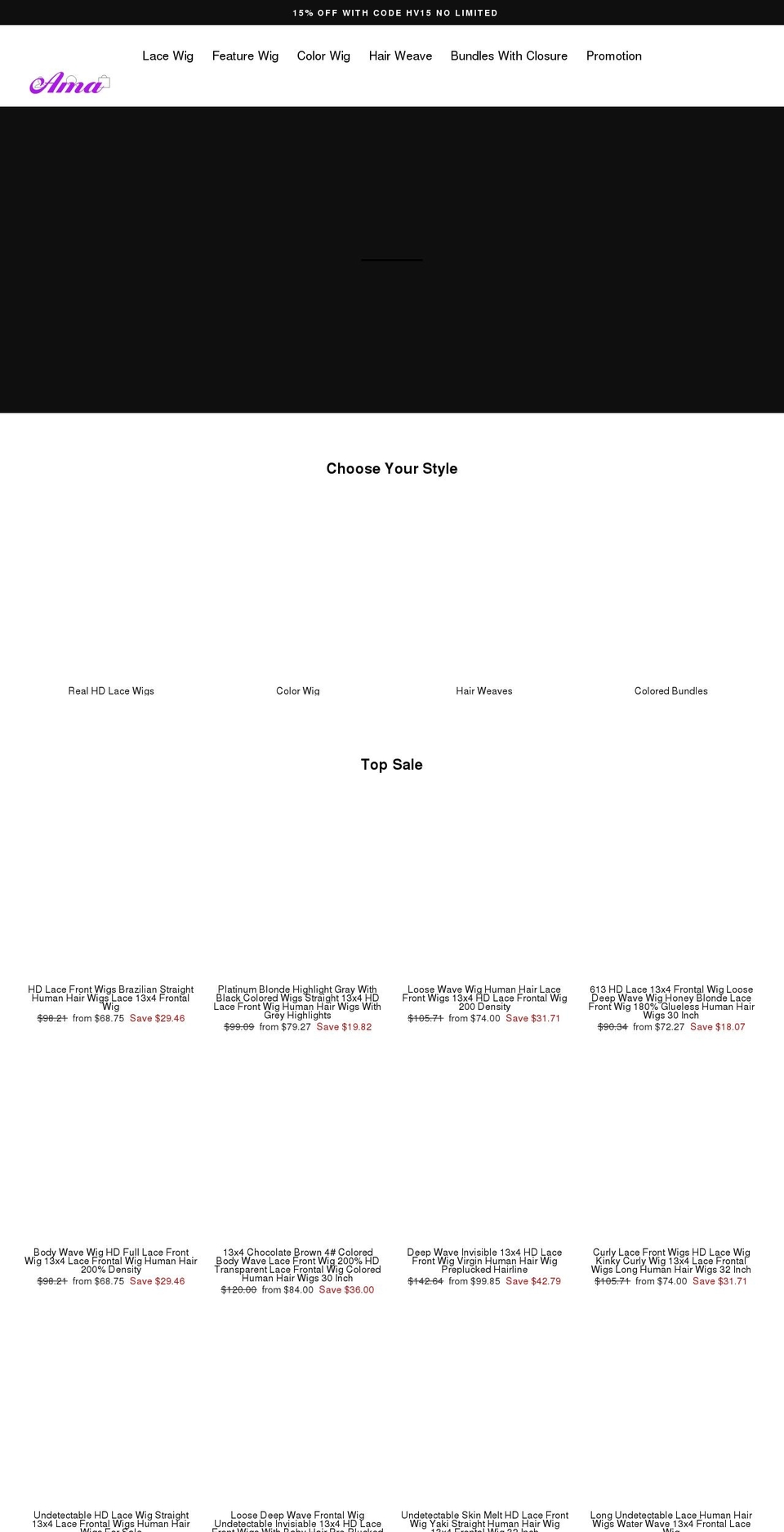 amahair.com shopify website screenshot