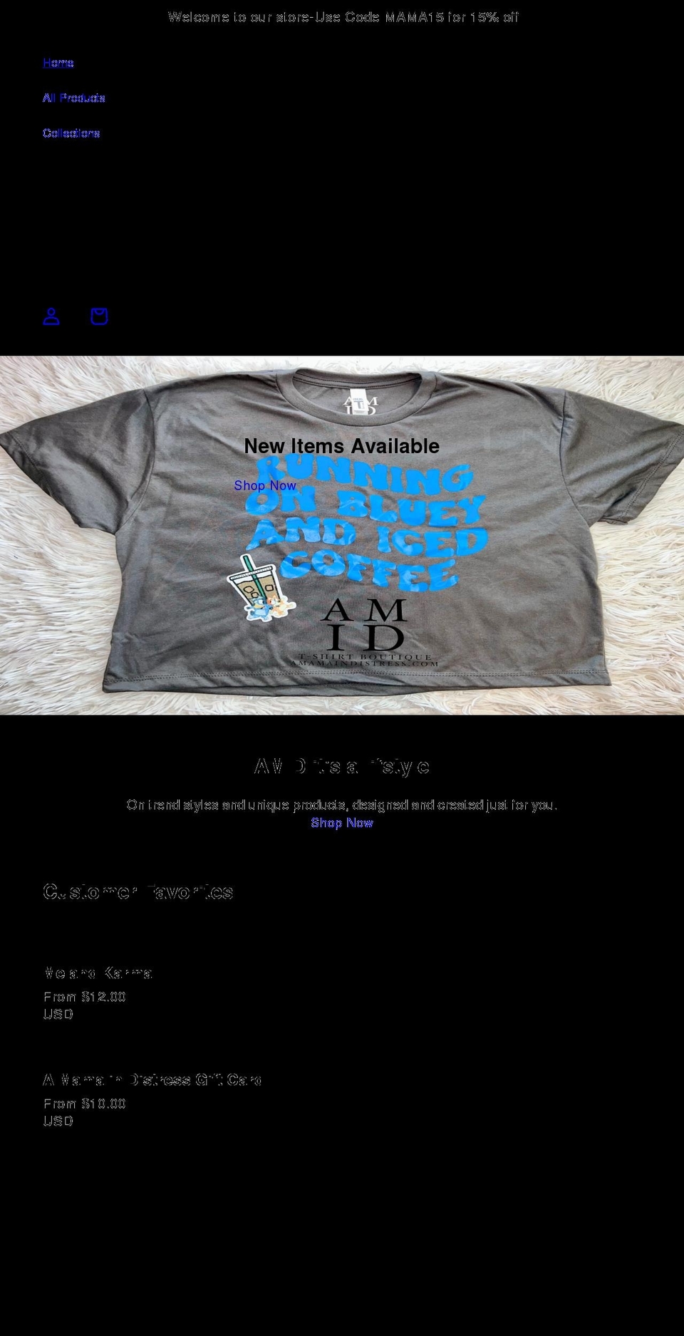 amamaindistress.com shopify website screenshot