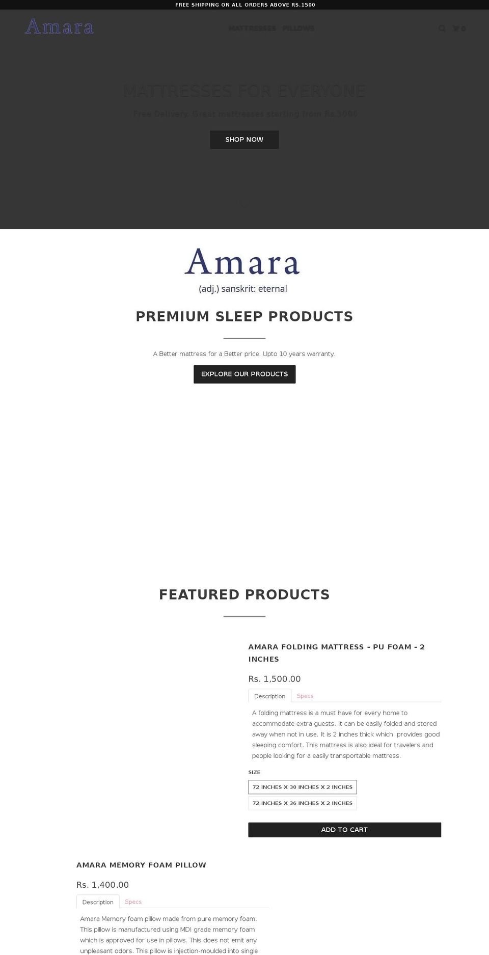 amaramattress.com shopify website screenshot