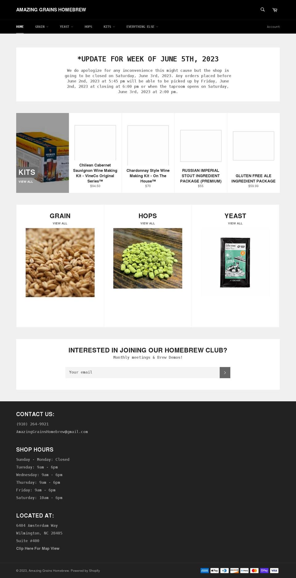amazinggrainshomebrew.com — Shopify storefront screenshot