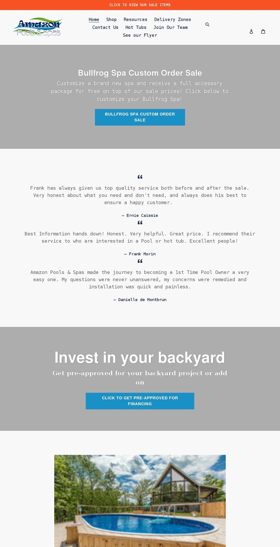 amazonpoolsandspas.ca shopify website screenshot