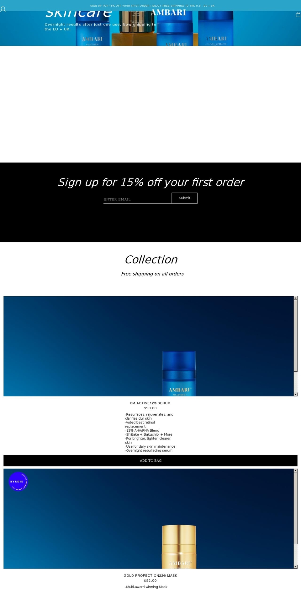 ambaribeauty.com shopify website screenshot