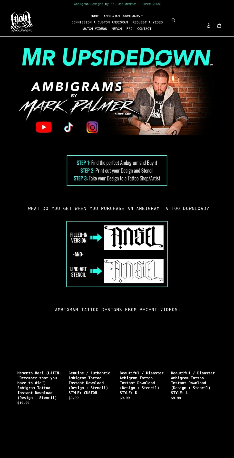 ambigramtattoos.com shopify website screenshot