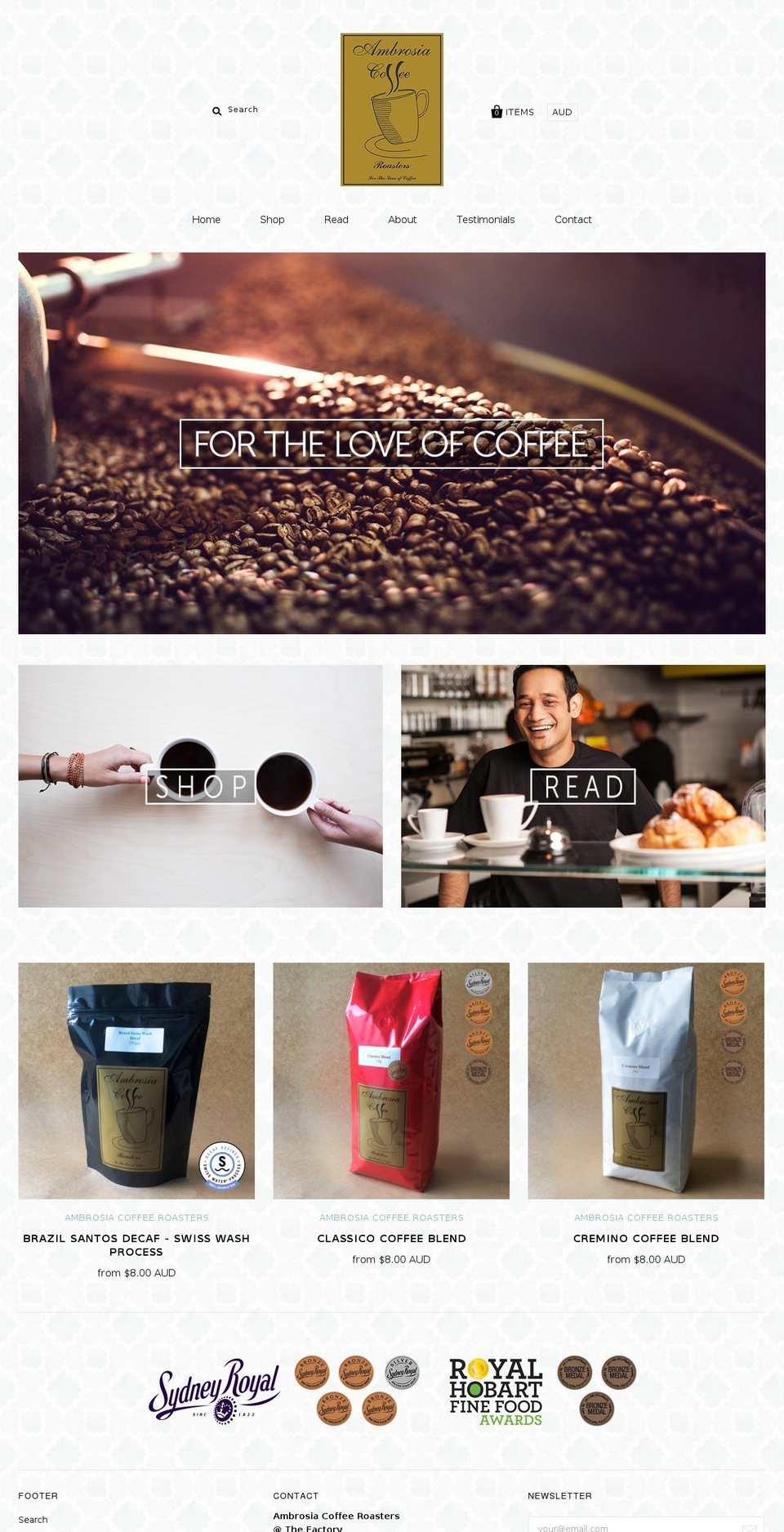 ambrosiacoffee.com.au shopify website screenshot