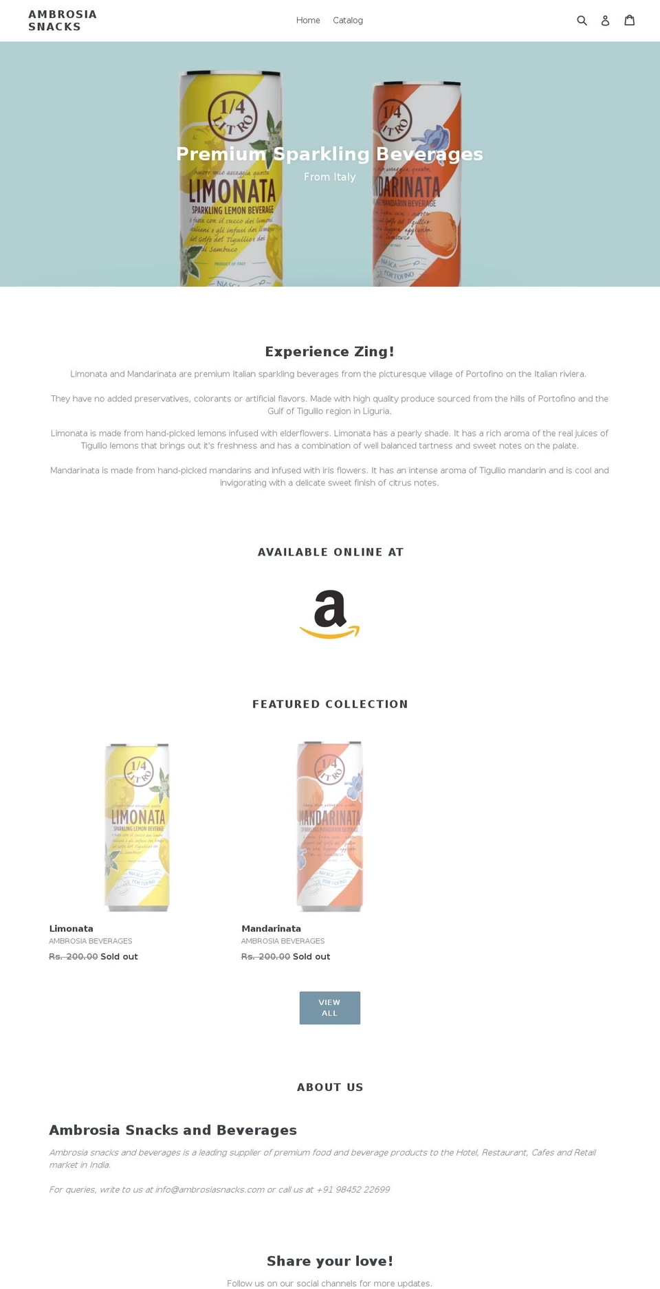 ambrosiasnacks.com — Shopify storefront screenshot