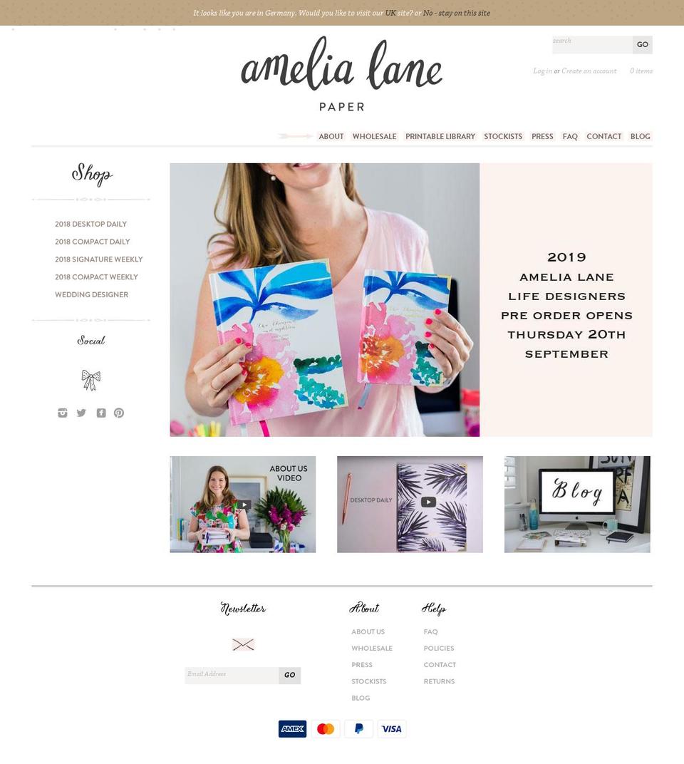 amelialanepaper.com shopify website screenshot