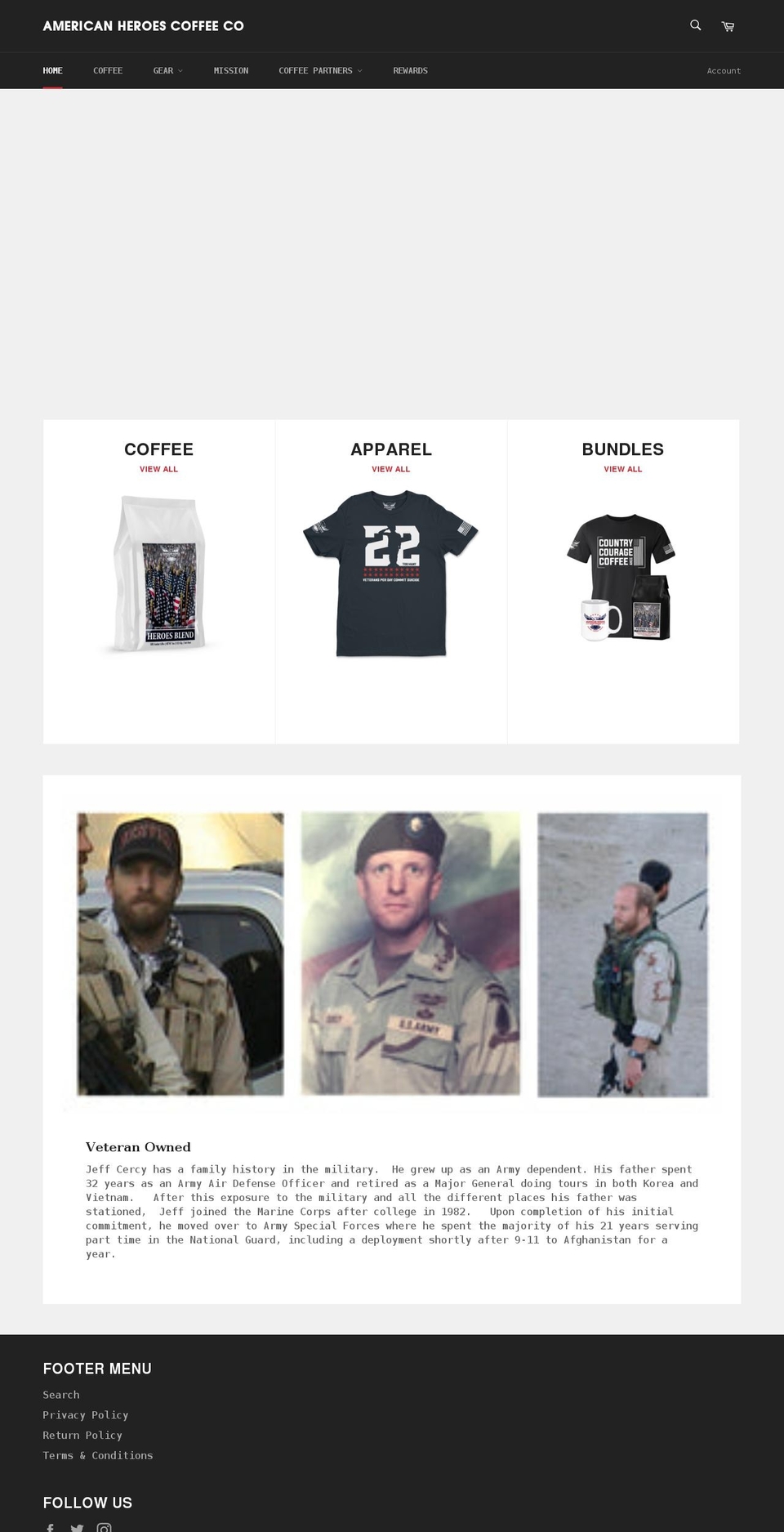 americanheroescoffee.com shopify website screenshot