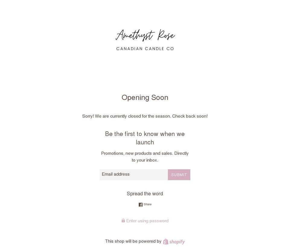 amethystrosecanadiancandles.com shopify website screenshot