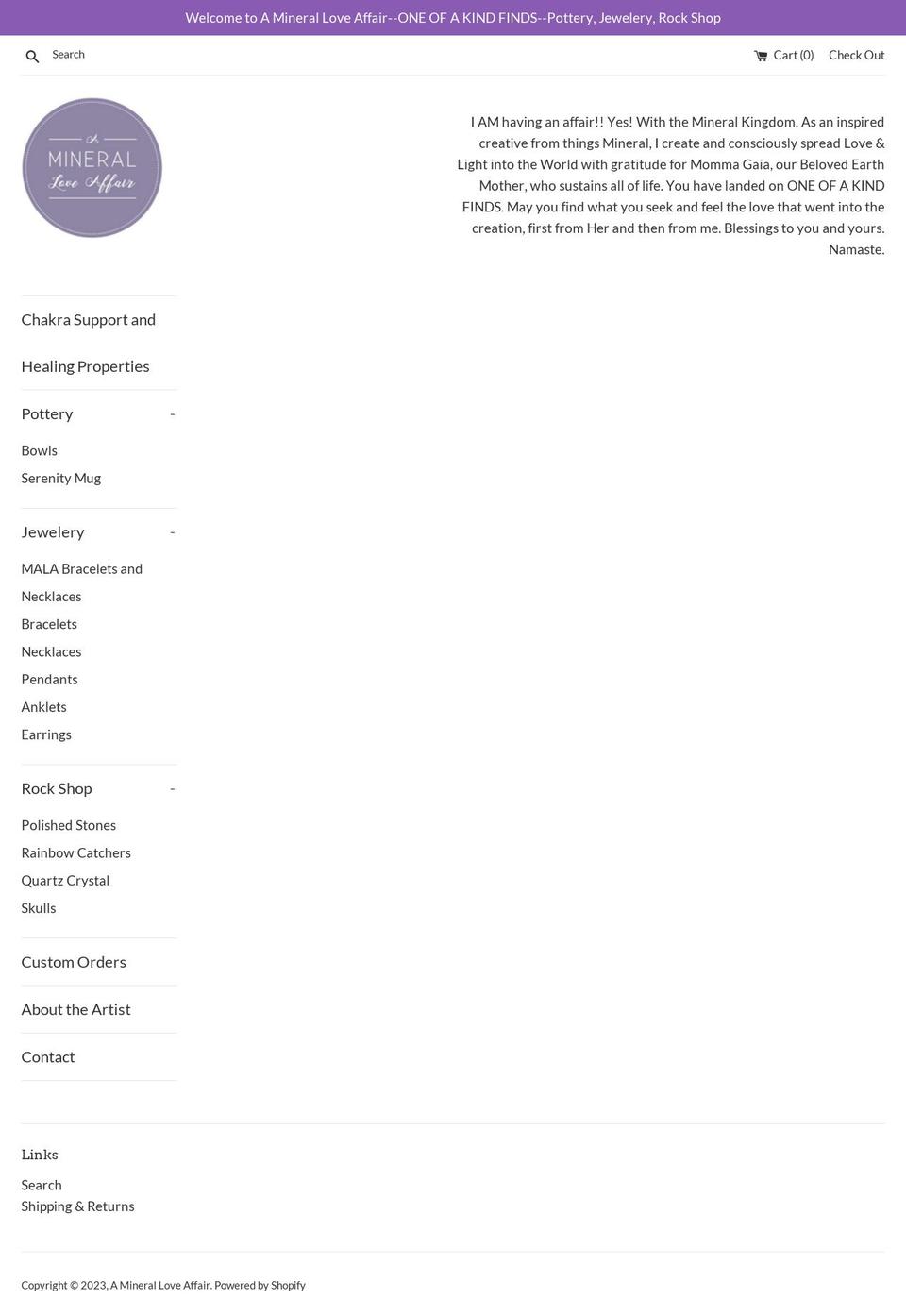 amineralloveaffair.com — Shopify storefront screenshot